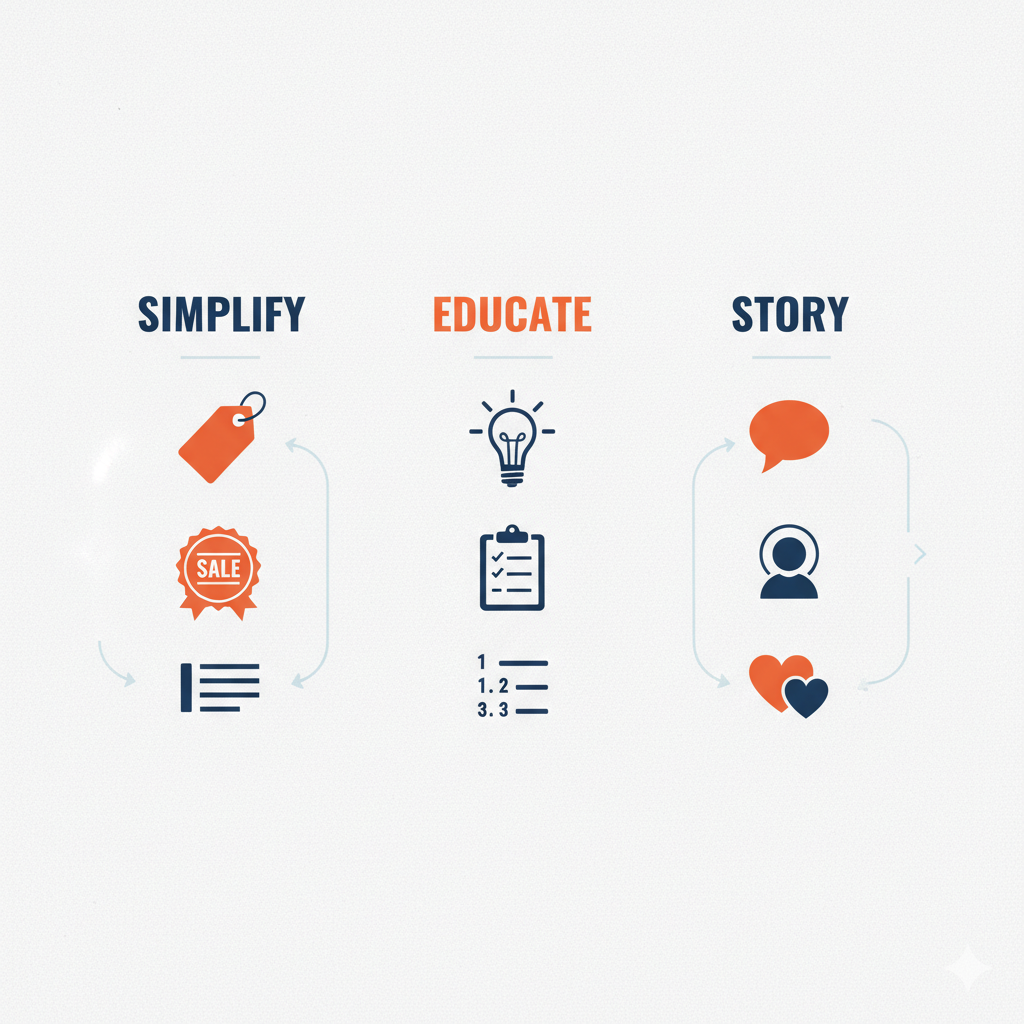 Infographie de la Méthode SES montrant les 3 types de contenu marketing efficaces : Simplify, Educate et Story